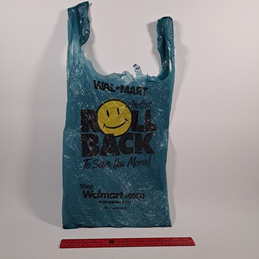 2001 Blue Walmart Plastic Grocery Bag Smiley Face Roll Back